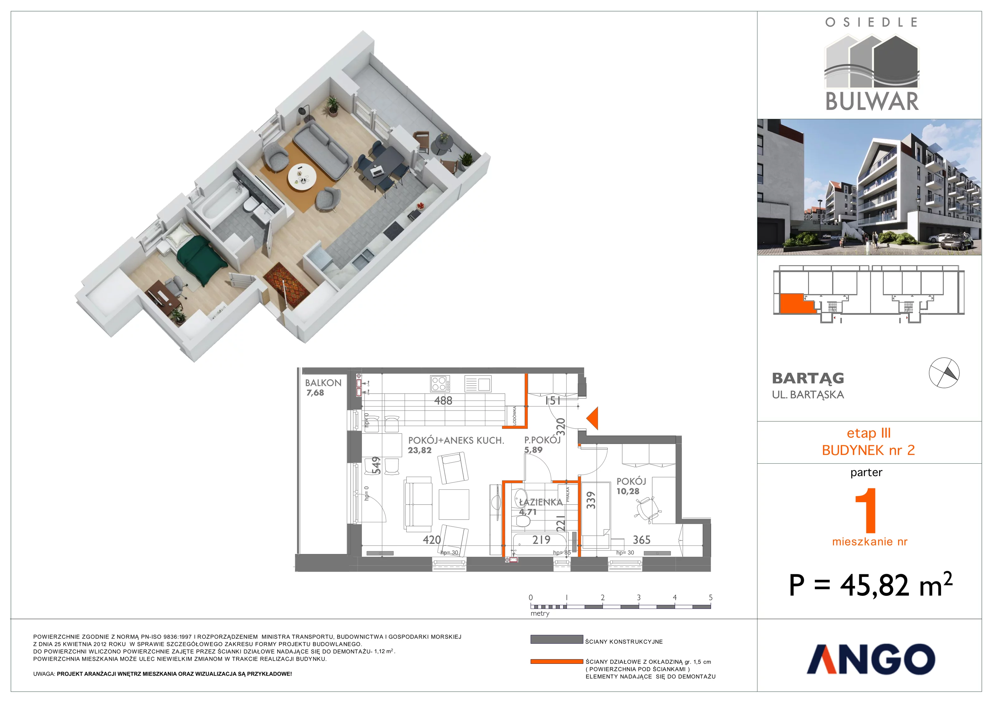 2 pokoje, mieszkanie 45,82 m², parter, oferta nr 1, Osiedle Bulwar, Bartąg, ul. Bartąska